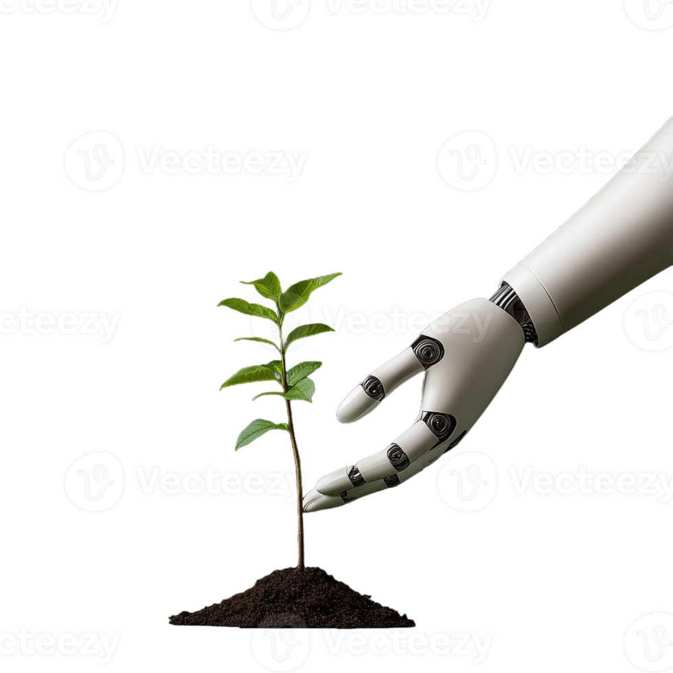 A robotic hand planting a small tree in soil on a transparent background png