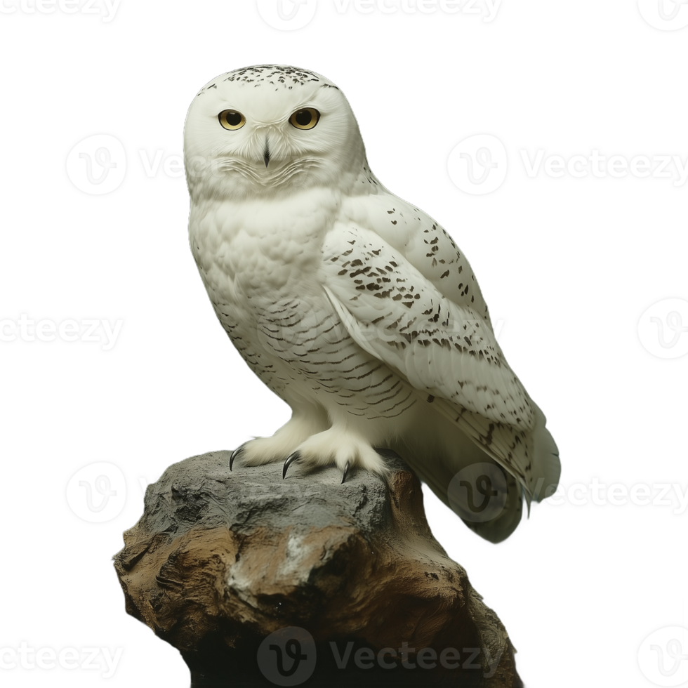 A snowy owl perched on a rock on a transparent background png