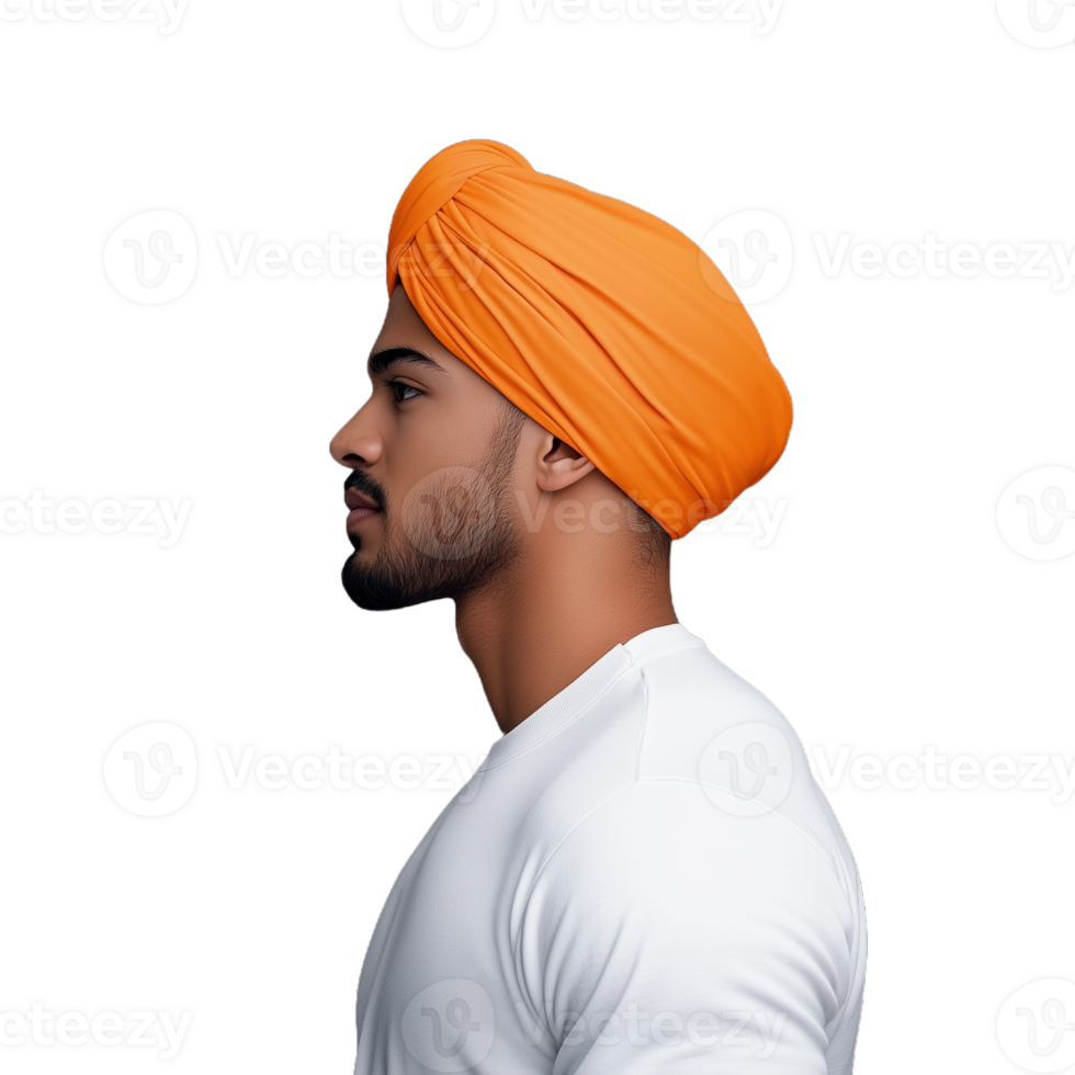 A man wearing an orange turban in profile view on a transparent background png