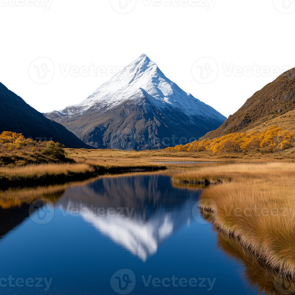 A snowcovered mountain peak reflected in a calm lake on a transparent background png