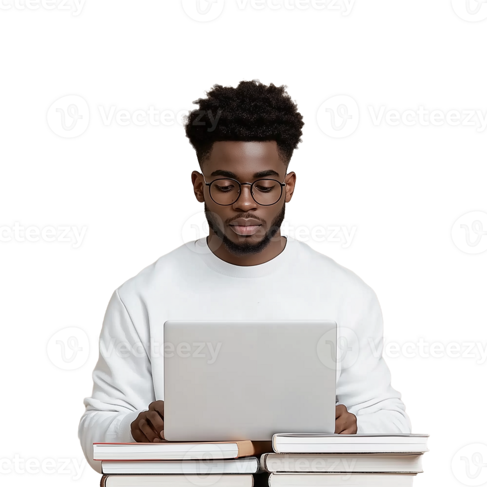 Man in white shirt working on laptop, sitting in front of transparent background png