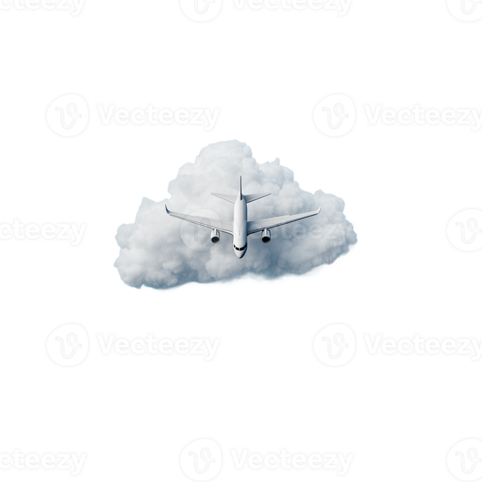 White airplane flying above a small cloud with transparent background png