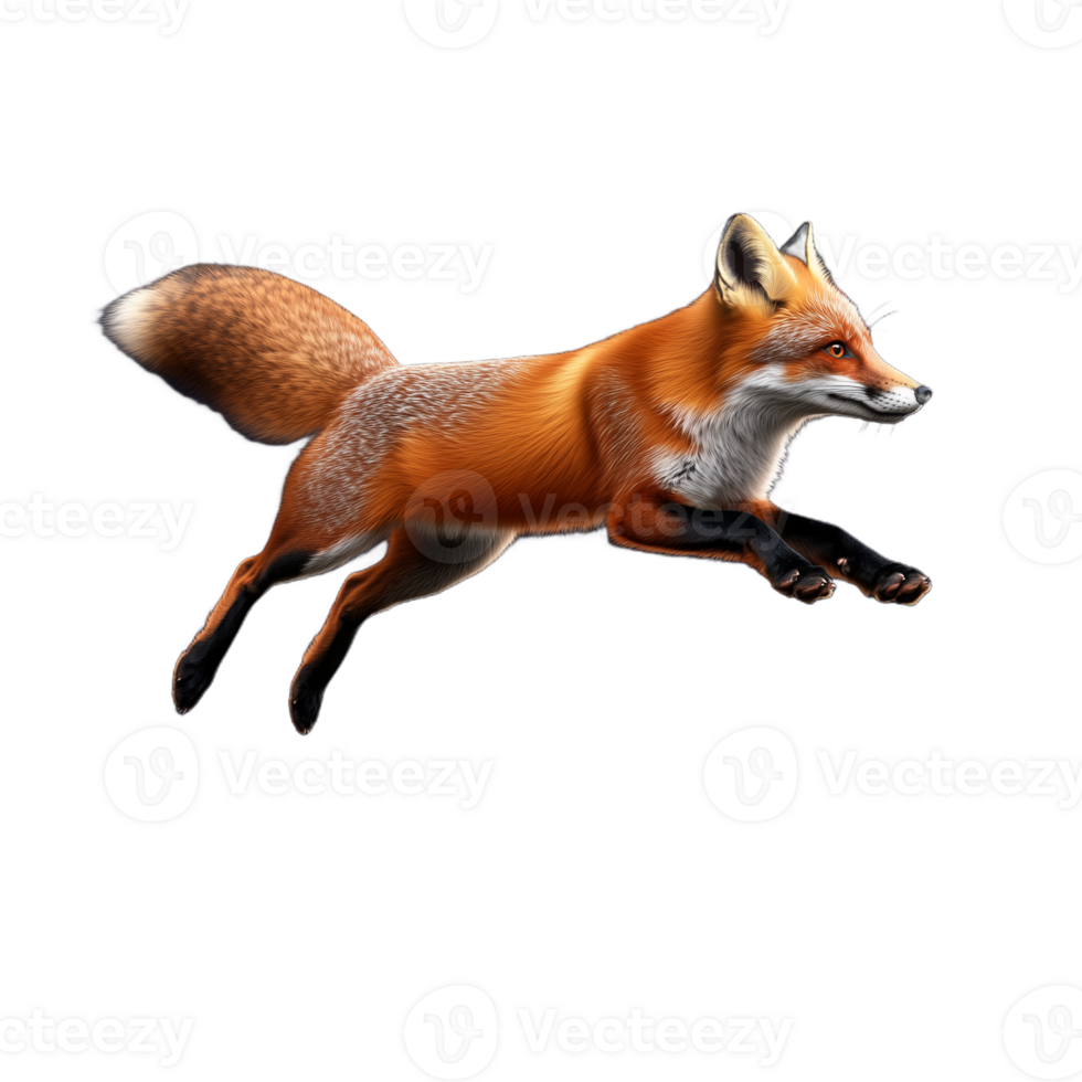 Running red fox with smooth fur leaping forward on transparent background png