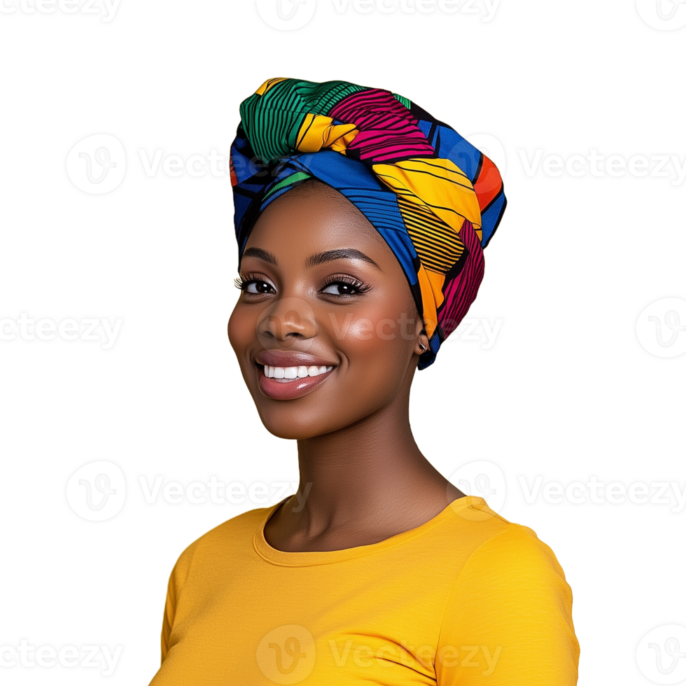 Woman in yellow shirt smiling while wearing a colorful African headwrap on transparent background png