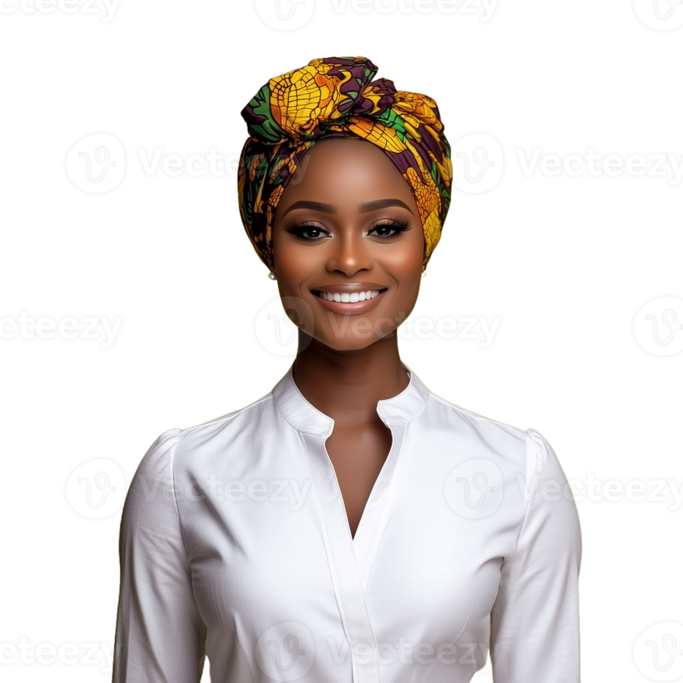Smiling woman wearing a colorful headwrap and white shirt on transparent background png