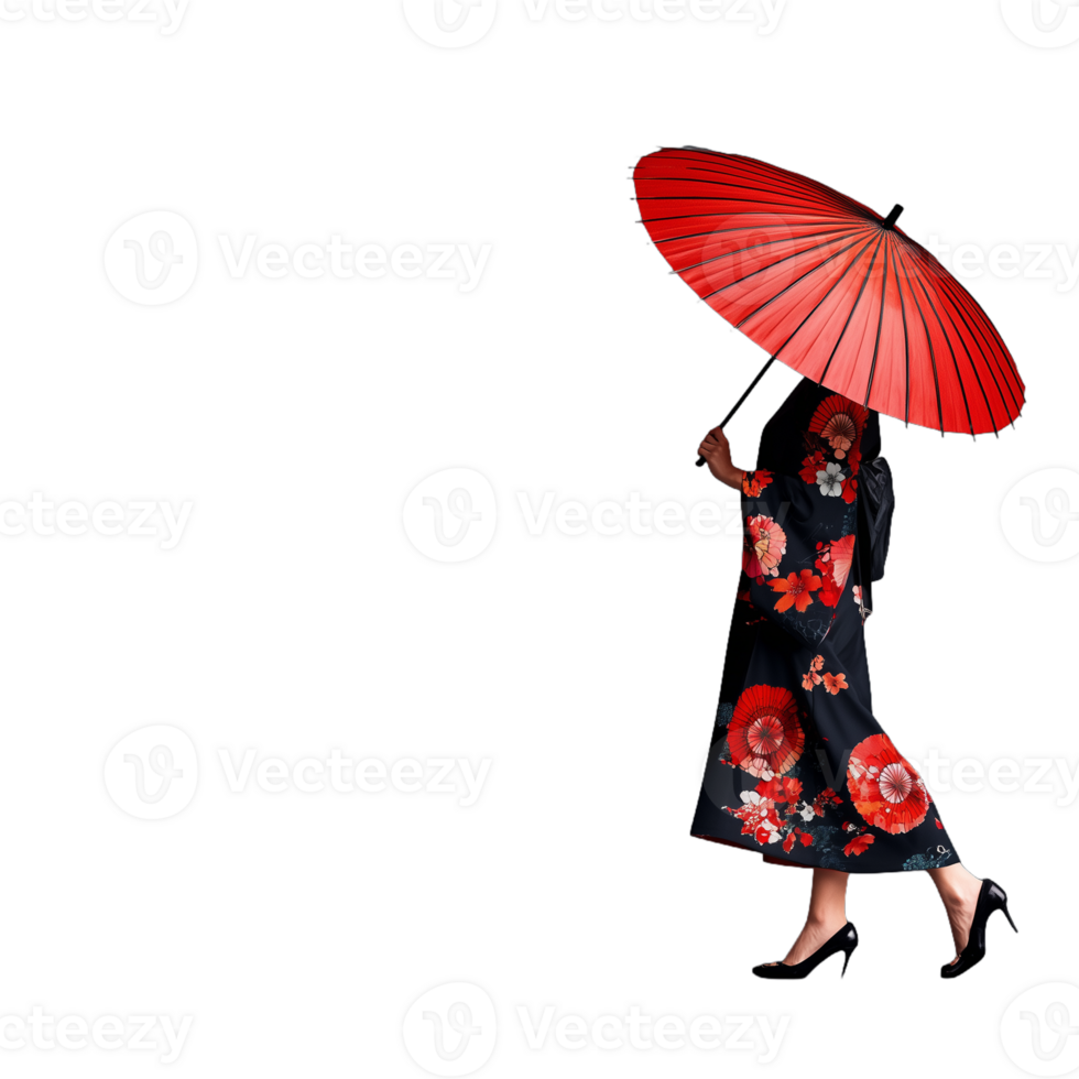Woman in traditional Asian dress walking with a red umbrella on transparent background png