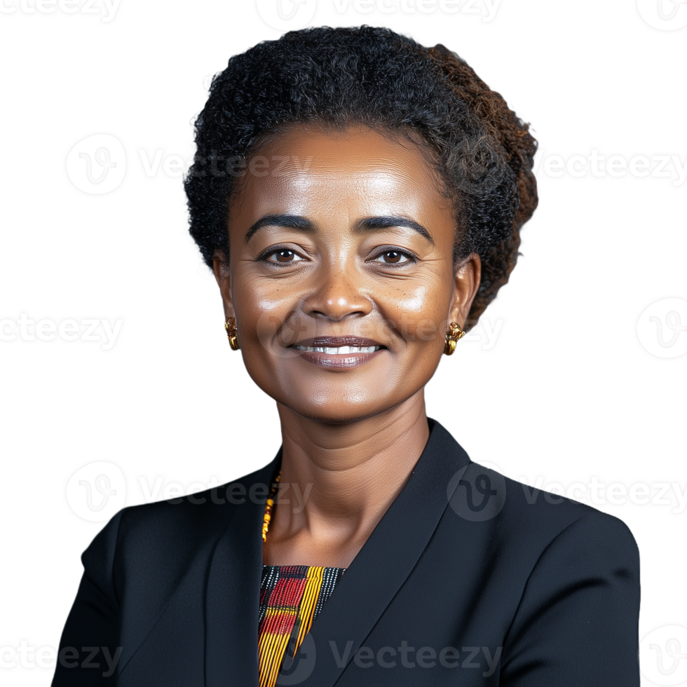Professional woman with short hair smiling and wearing a formal black suit, isolated on transparent background png