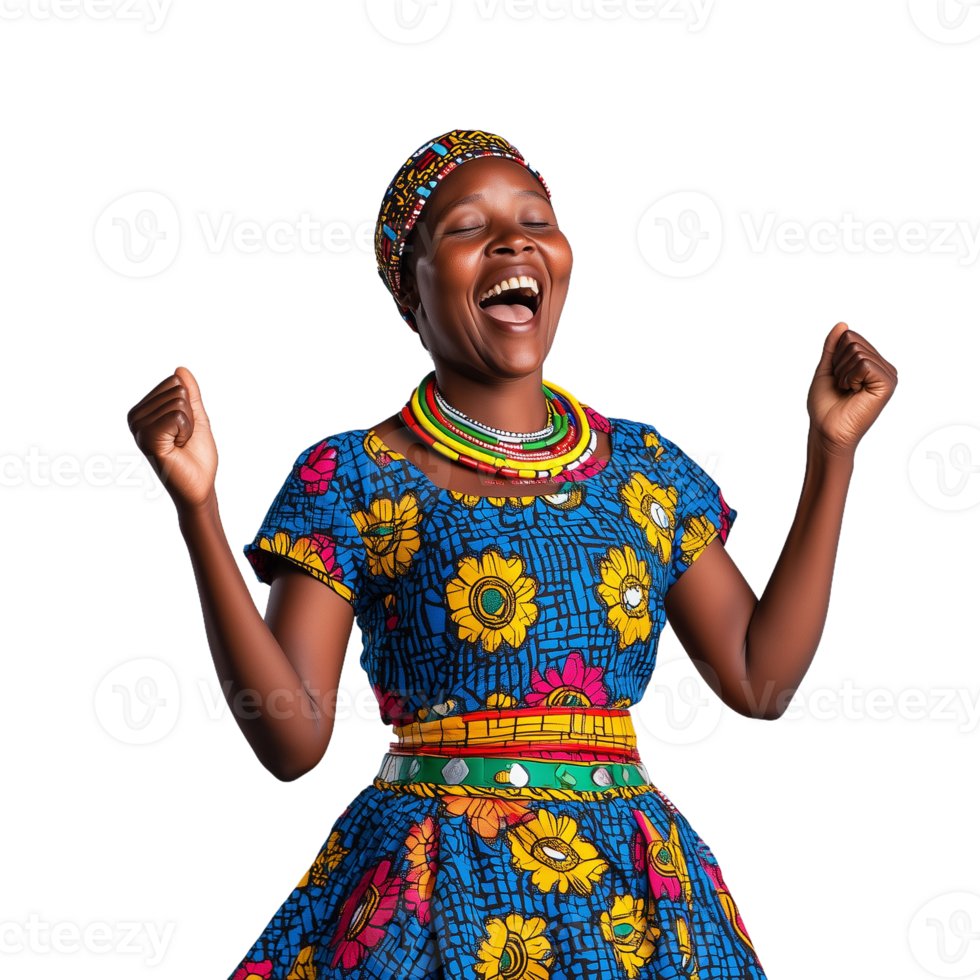 Joyful woman in traditional African clothing laughing with fists raised, isolated on transparent background png