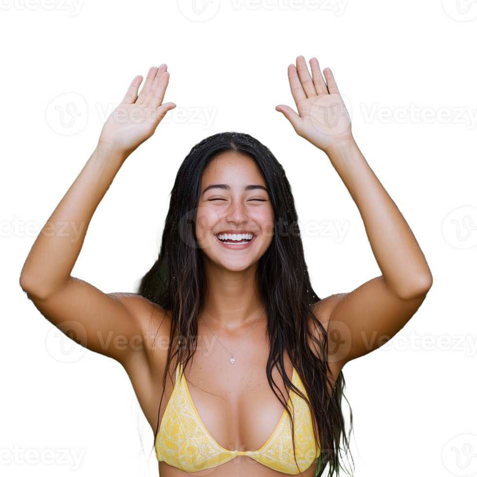 content femme élevage bras et en riant dans Jaune haut, sur transparent Contexte png