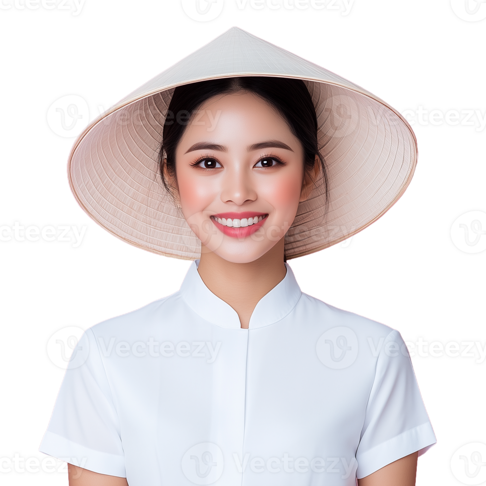 Woman in white dress wearing a traditional conical hat, smiling on transparent background png