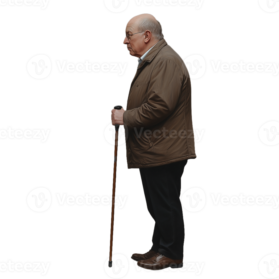 Elderly man in brown jacket with walking cane standing sideways on transparent background png