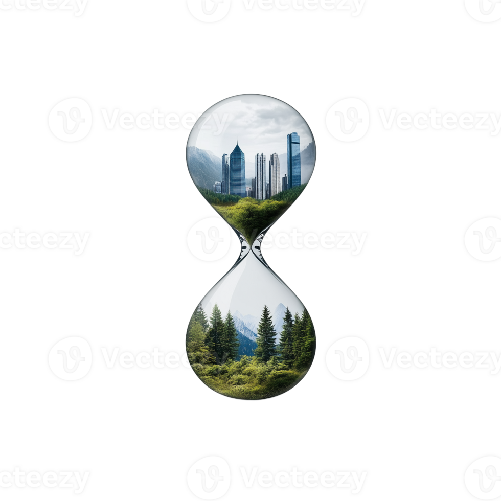 Hourglass with city and forest landscapes encapsulated inside, isolated on transparent background png
