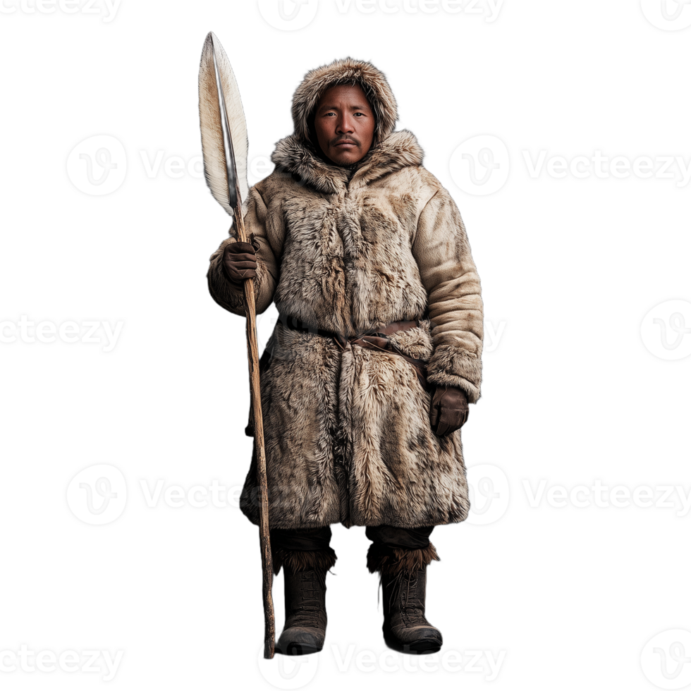 Woman dressed in fur coat holding a spear, isolated on transparent background png
