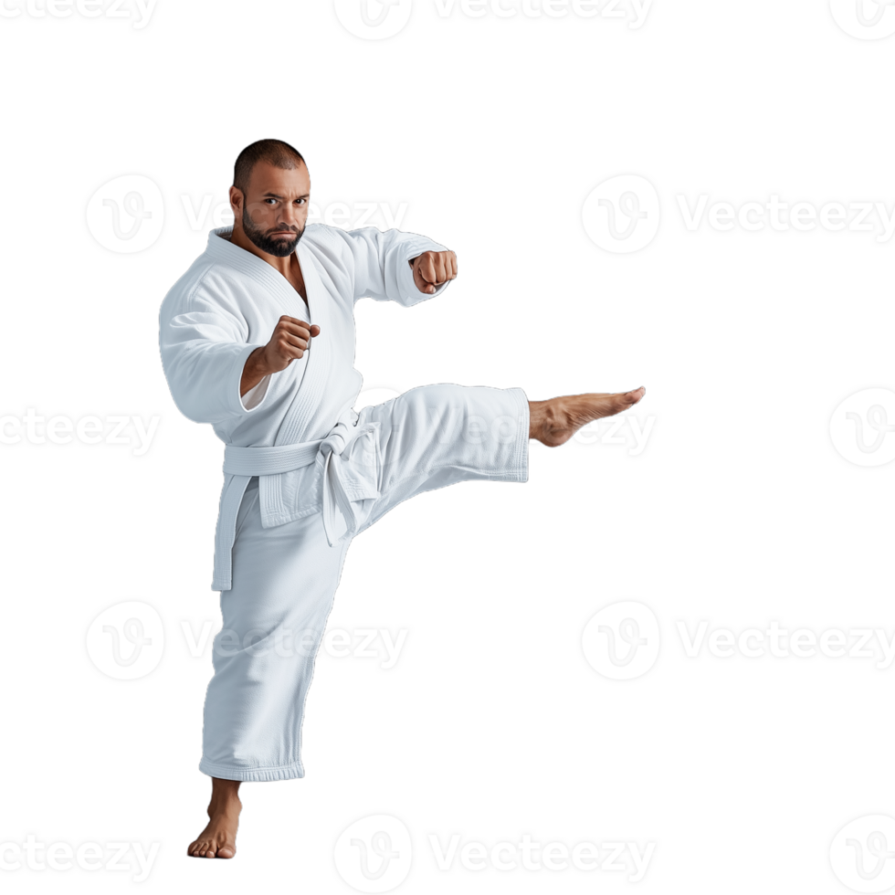 Man performing a high kick in martial arts uniform on transparent background png