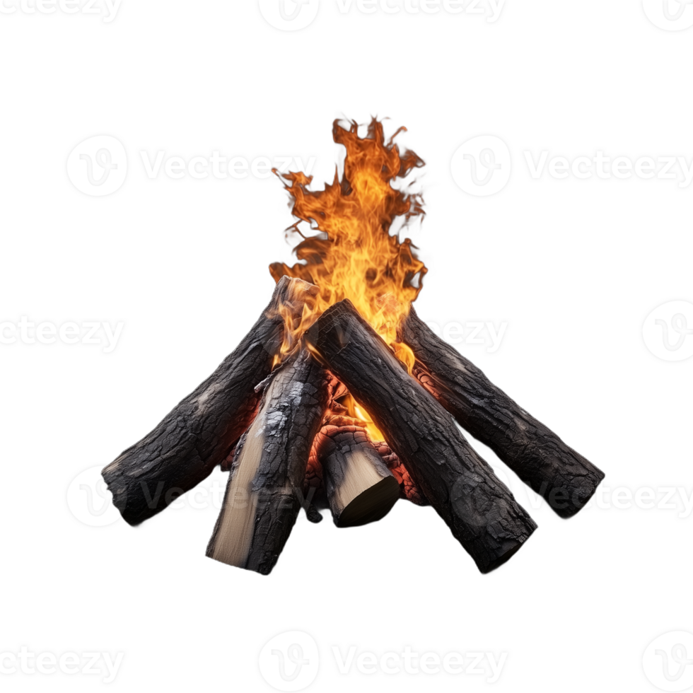 Campfire burning with wooden logs arranged in a triangle, isolated on transparent background png