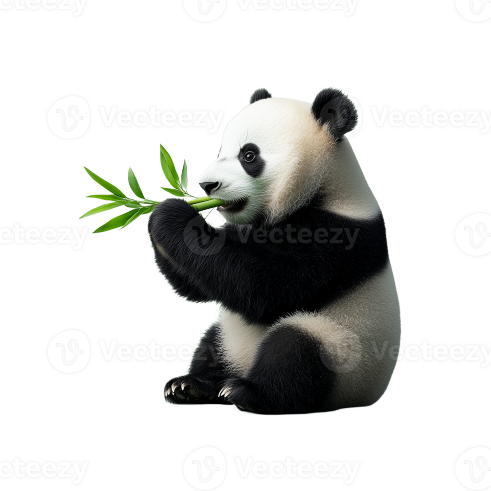 Cute panda holding a bamboo shoot while sitting, isolated on transparent background png