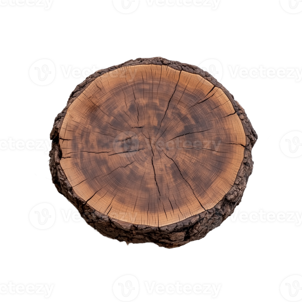 Crosssection of a tree trunk showing wood grain and growth rings, isolated on transparent background png