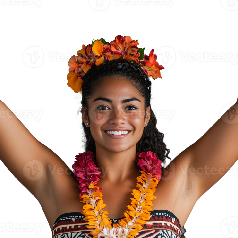 Smiling woman wearing traditional Hawaiian lei and floral headpiece on transparent background png