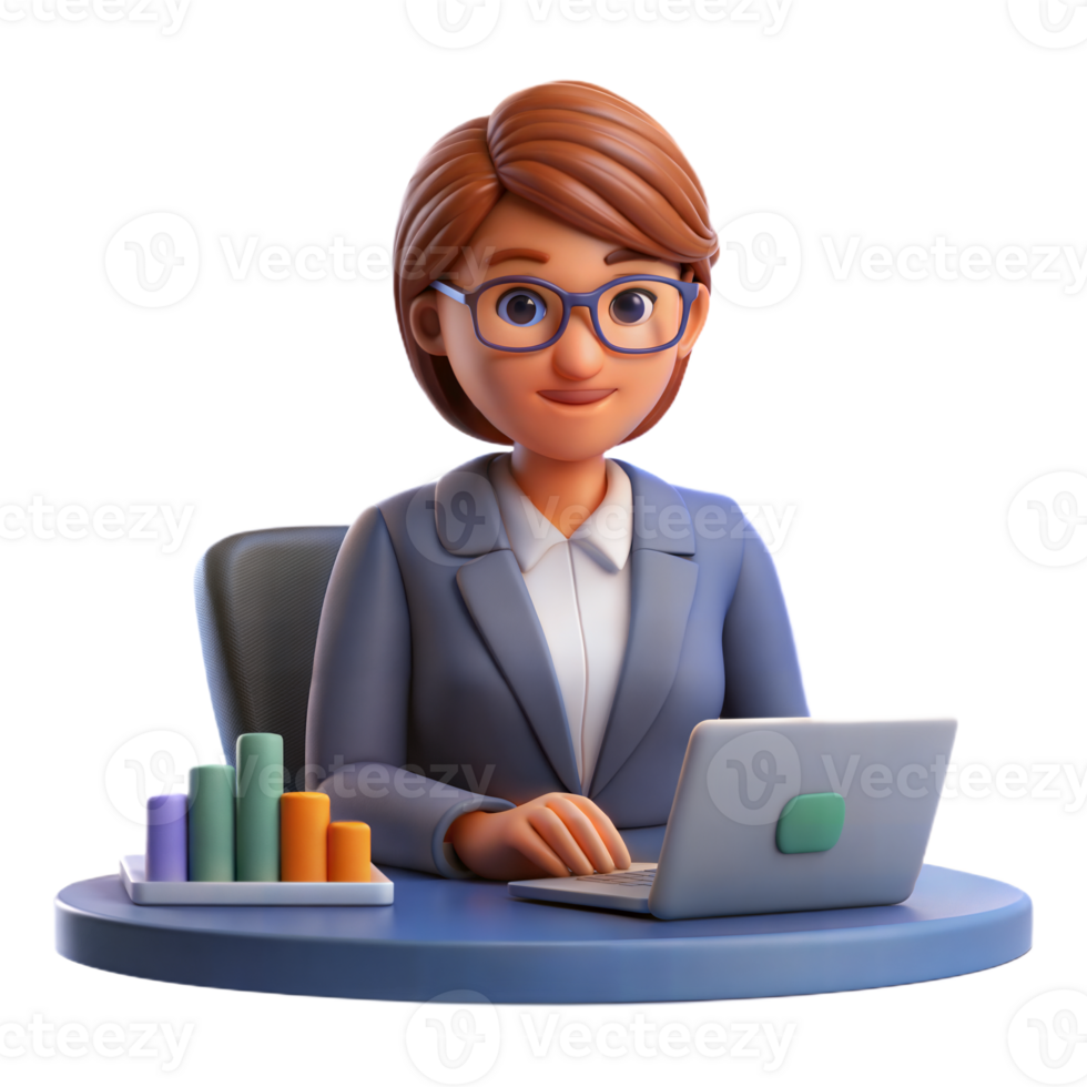 Businesswoman Working on Laptop With Charts on Desk png