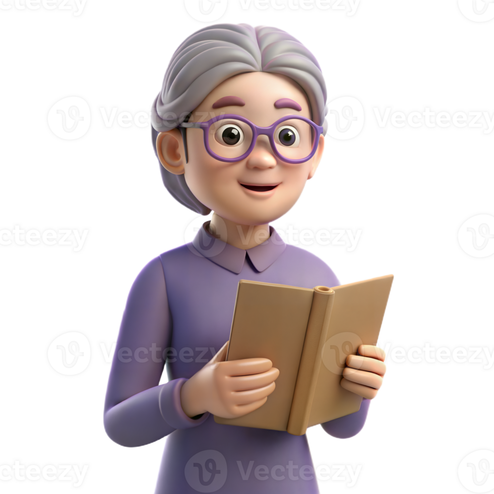 Smiling Cartoon Grandmother Reading a Book png