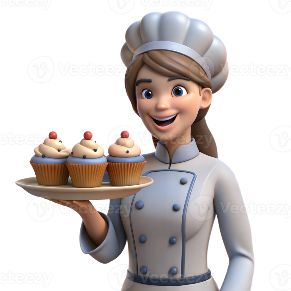 Smiling Female Chef Holding Plate Of Blueberries Cupcakes png