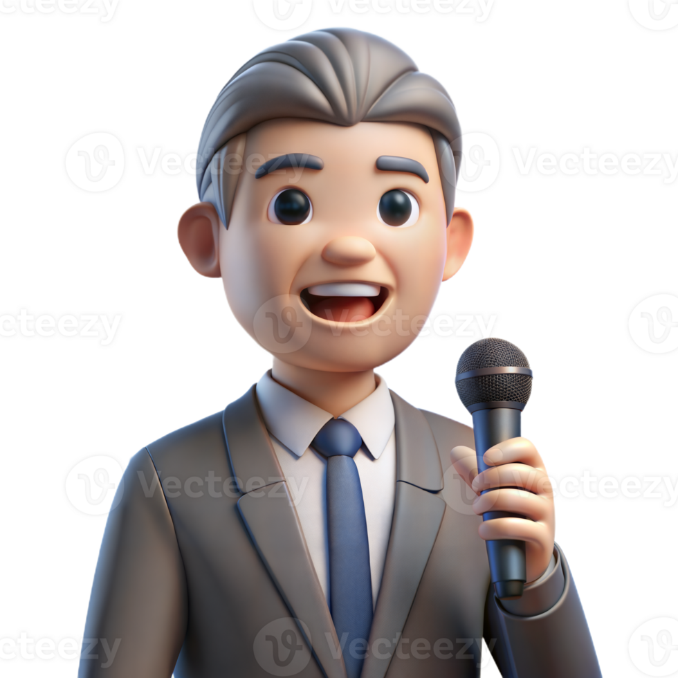 Smiling Cartoon Businessman Holding a Microphone During a Presentation png