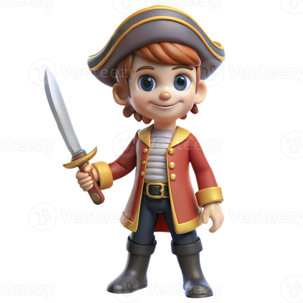 Cartoon Pirate Boy Holding Sword in Red Jacket and Tri-Cornered Hat png