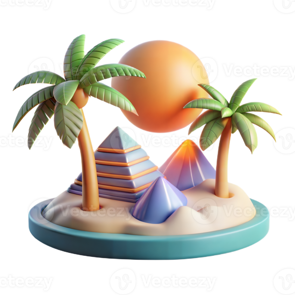3D Rendered Tropical Island Scene With Pyramids and Palm Trees at Sunset png