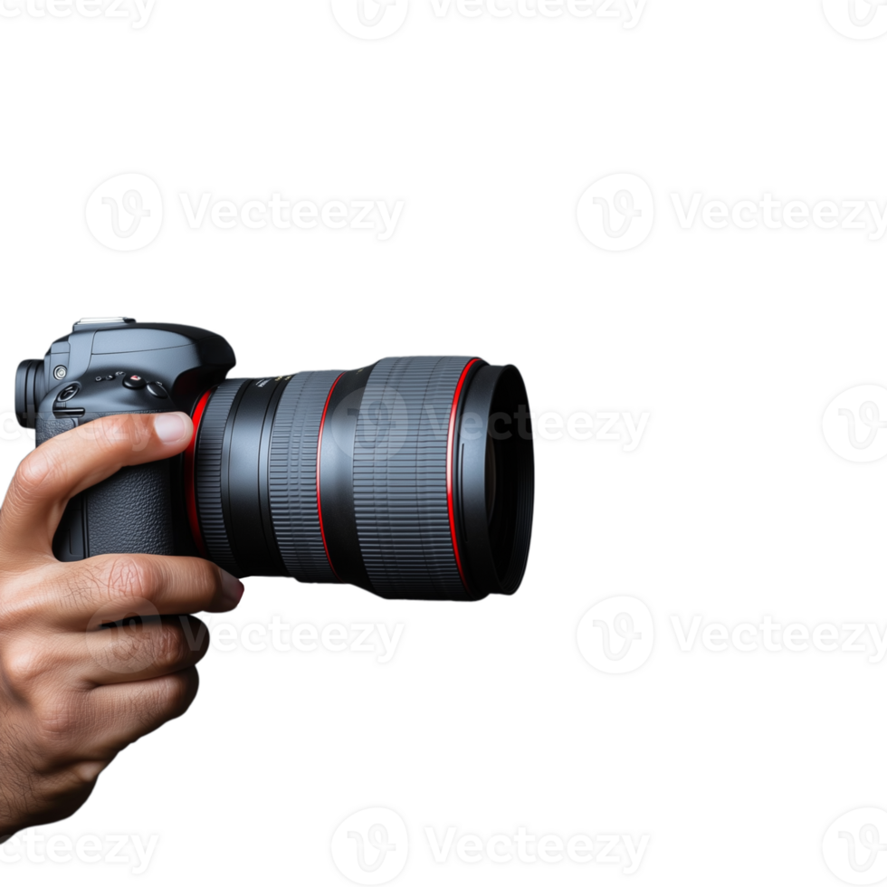 Photographer holding a DSLR camera ready to take a photo on a transparent background png