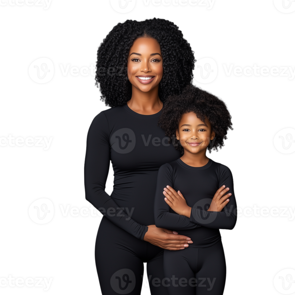 Smiling African American woman and young girl posing in matching black outfits on a transparent background png