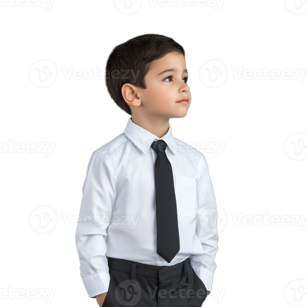 Young boy in a formal white shirt and tie looking to the side on a transparent background png