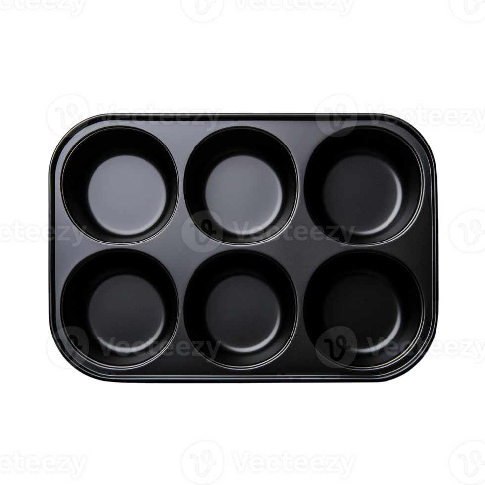 Black rectangular muffin tray with eight circular empty slots on a transparent background png
