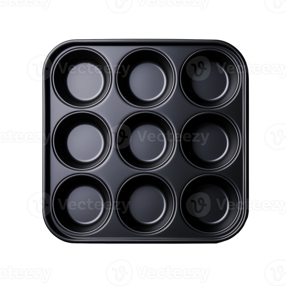 Black muffin tray with nine circular empty slots on a transparent background png