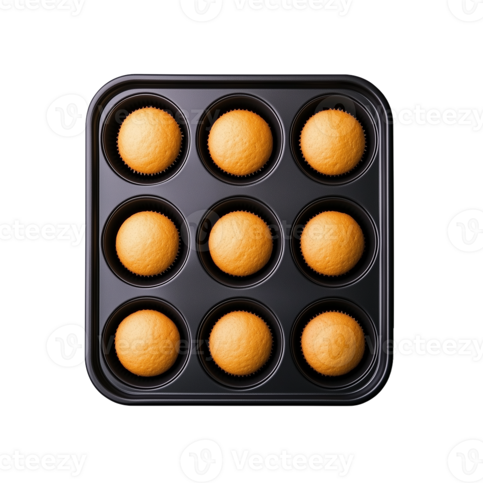 Black muffin tray filled with round golden baked muffins on a transparent background png