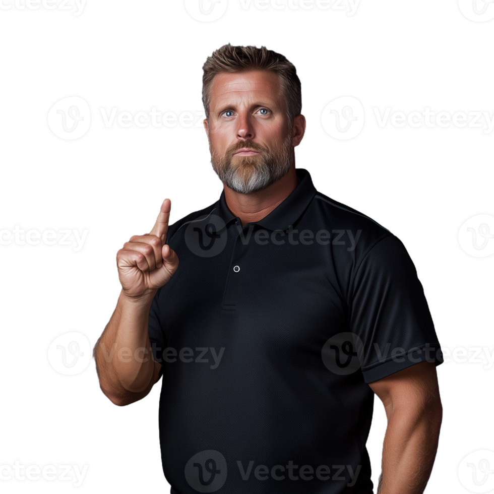 Man in a black polo shirt pointing upward with a serious expression on a transparent background png