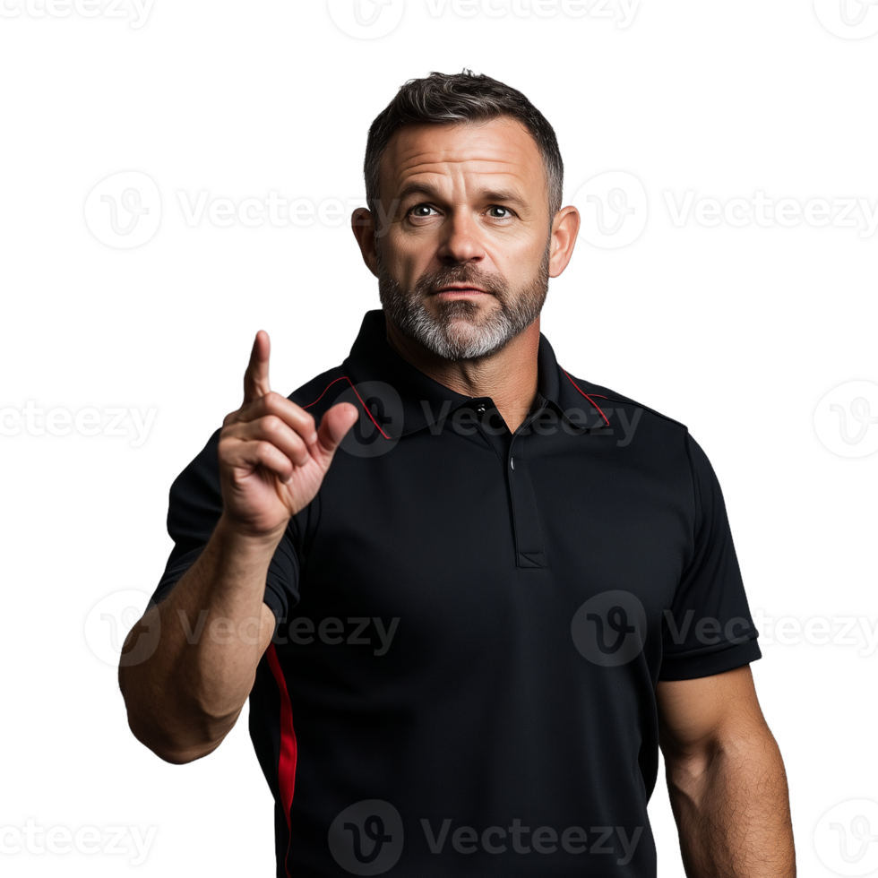 Man in a black polo shirt pointing upward with a serious expression on a transparent background png