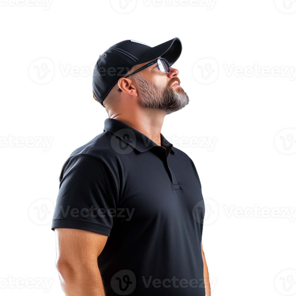 Man in a black polo shirt and cap looking upward on a transparent background png