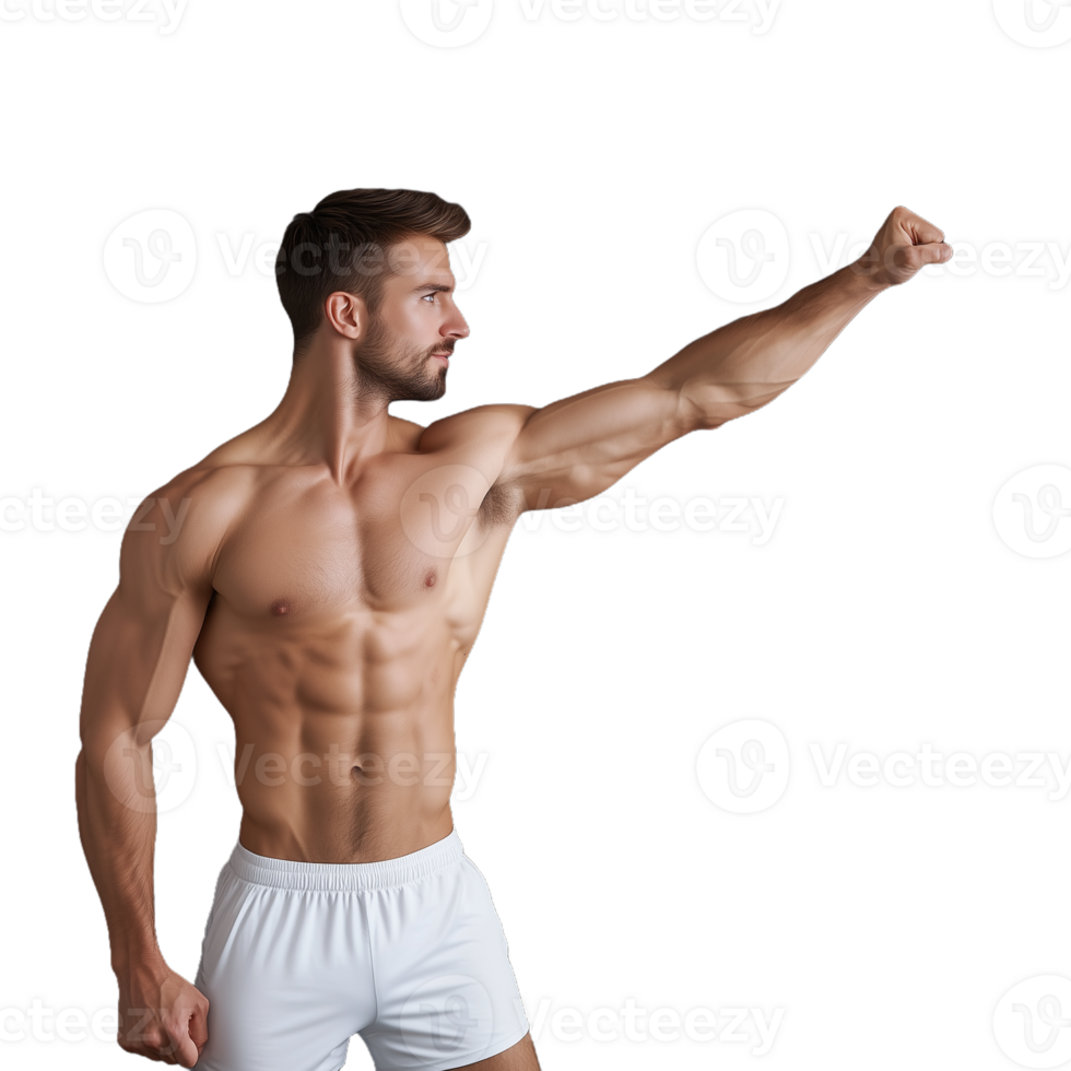 Muscular man pointing forward while wearing white shorts on a transparent background png