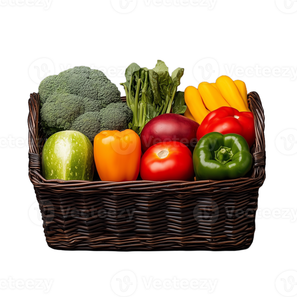 Wicker basket filled with fresh vegetables including bell peppers, broccoli, and zucchini on a transparent background png