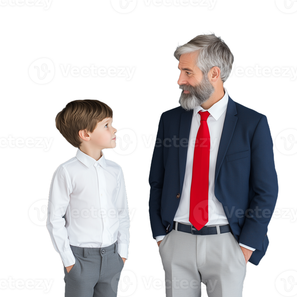 Elderly man and young boy dressed formally, standing and smiling at each other on a transparent background png