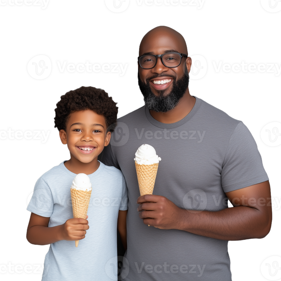 Smiling African American father and son holding ice cream cones on a transparent background png