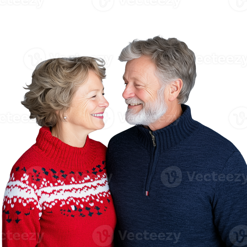 Elderly couple smiling at each other, wearing winter sweaters on a transparent background png