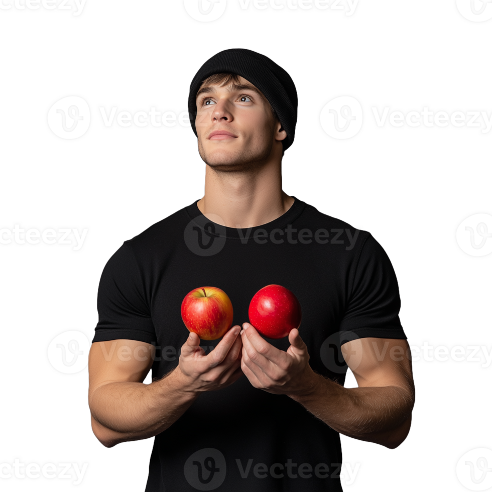 Young man in a black shirt holding two red apples in his hands on a transparent background png