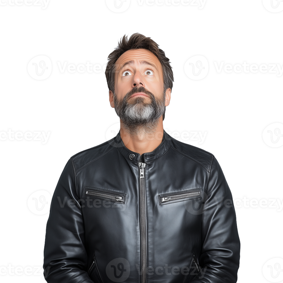 Bearded man in a black leather jacket looking upward with a thoughtful expression on a transparent background png