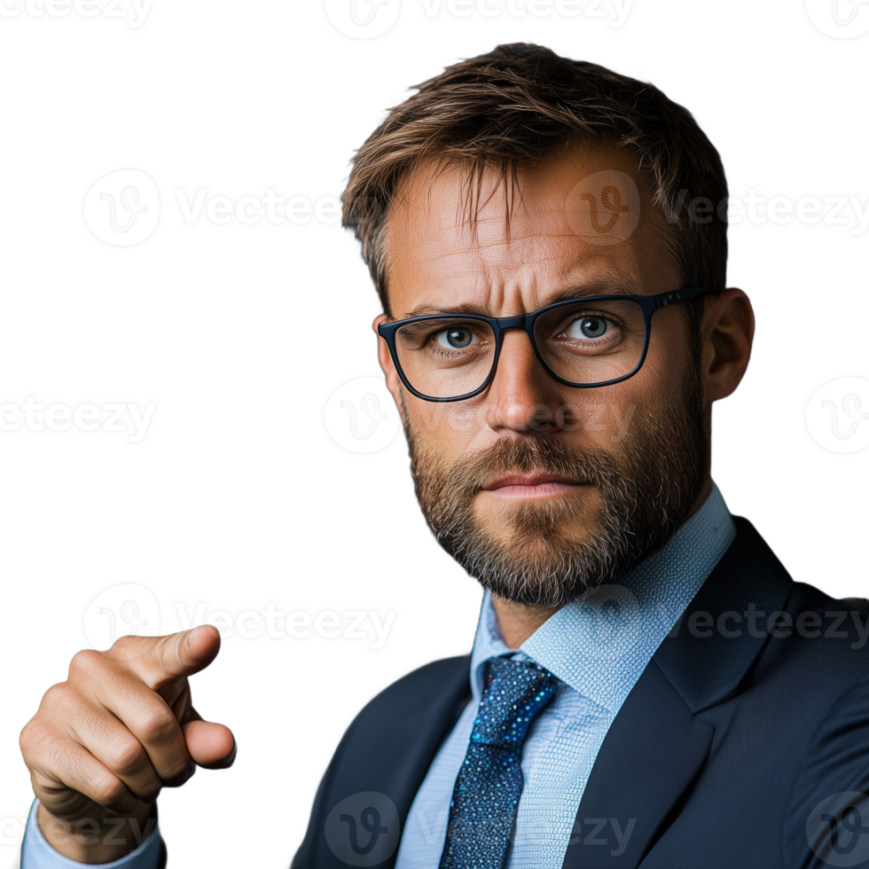 Man in a suit pointing forward with a determined expression on a transparent background png