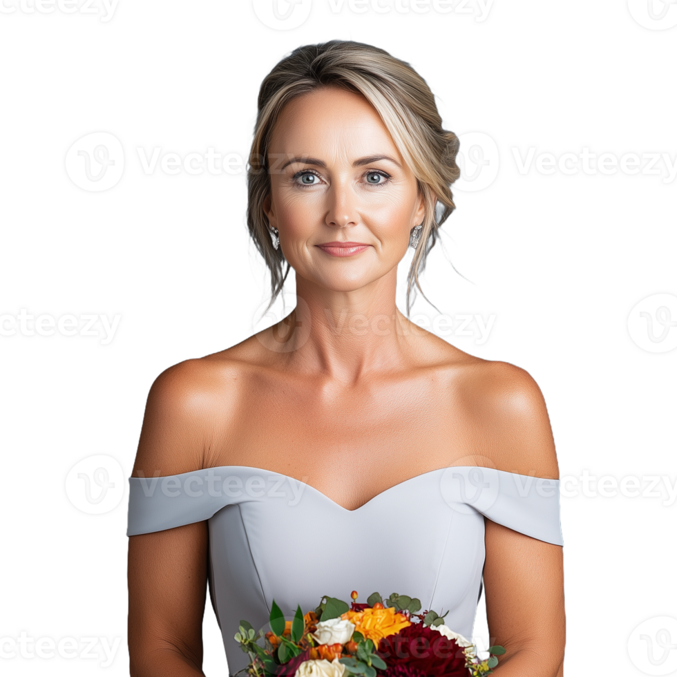 Blonde woman in an offshoulder dress holding a bouquet of flowers on a transparent background png
