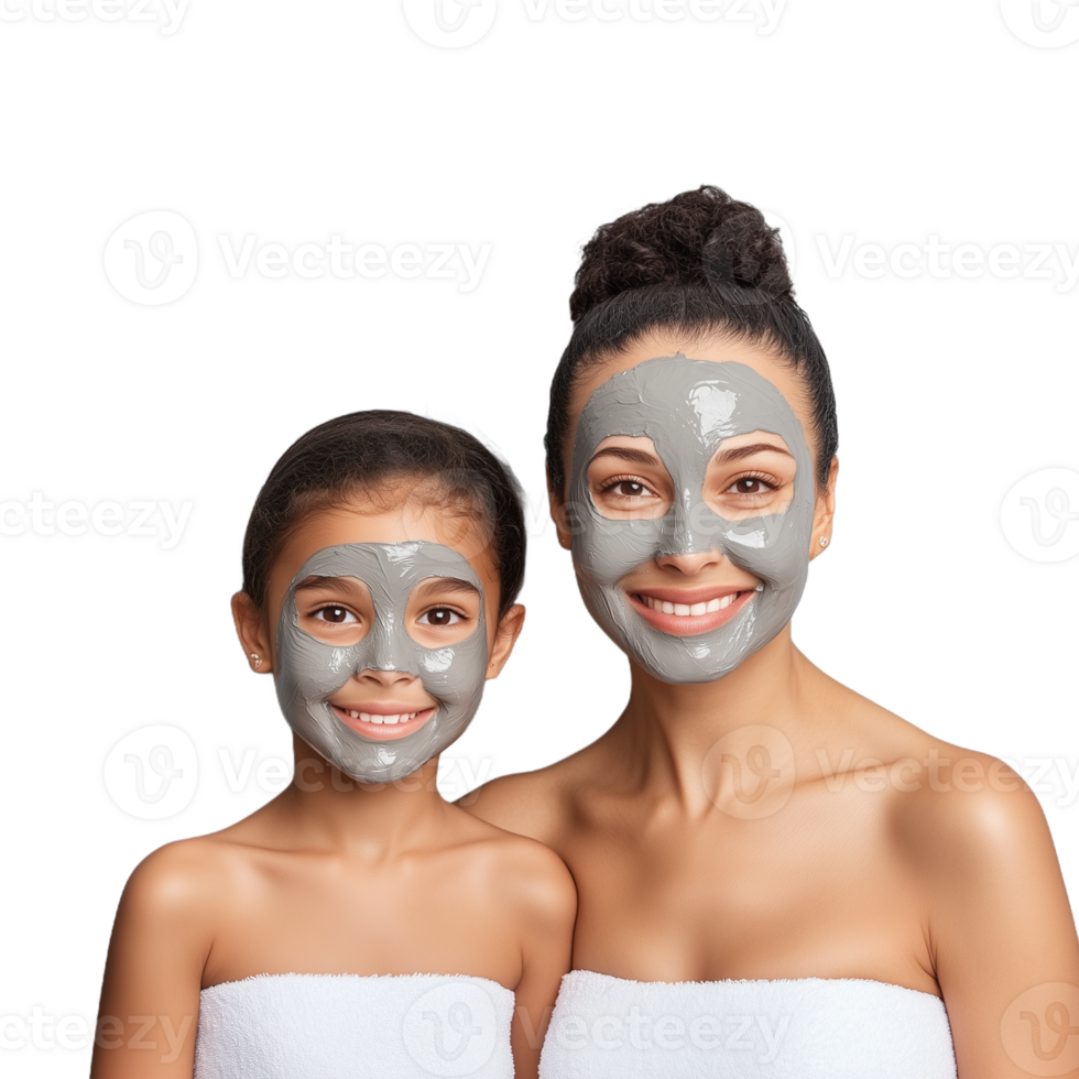 Mother and daughter wearing facial masks and smiling on a transparent background png