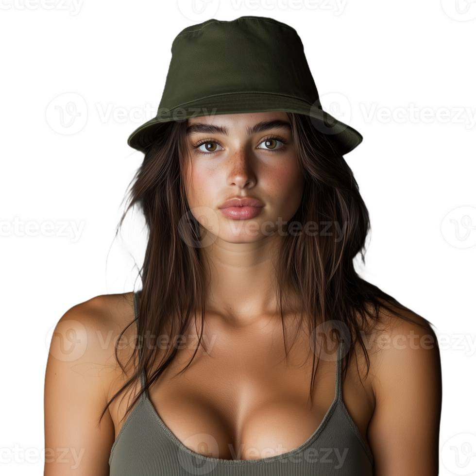 Woman in a green hat and a sleeveless top posing confidently on a transparent background png
