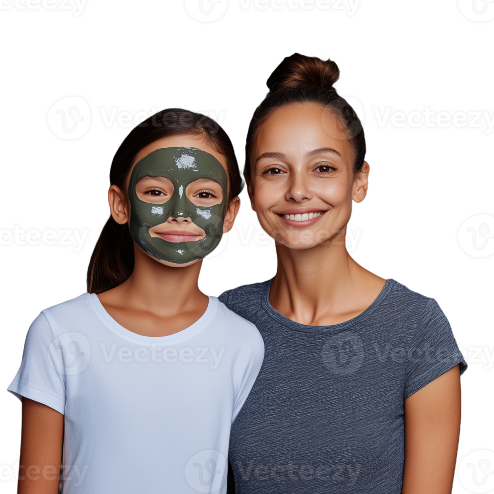 Two sisters wearing facial masks and smiling together on a transparent background png