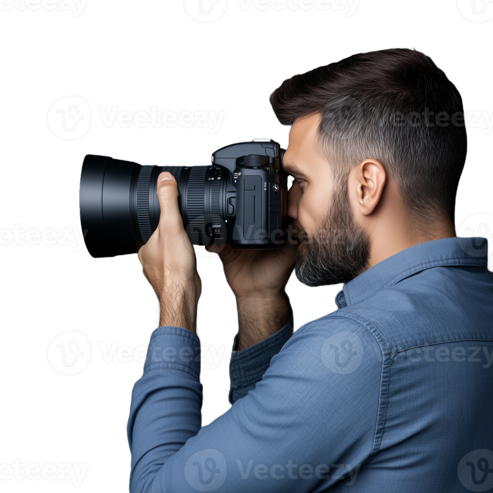 Photographer holding a DSLR camera and looking through the viewfinder on a transparent background png